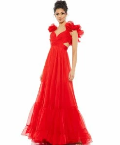 Ieena For Mac Duggal Ruffle Shoulder Lace Up Gown Shop For