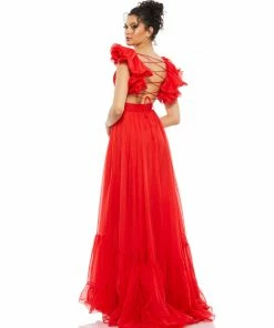 Ieena For Mac Duggal Ruffle Shoulder Lace Up Gown Shop For