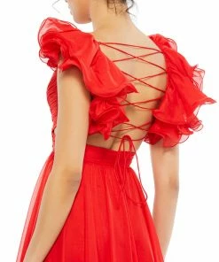 Ieena For Mac Duggal Ruffle Shoulder Lace Up Gown Shop For