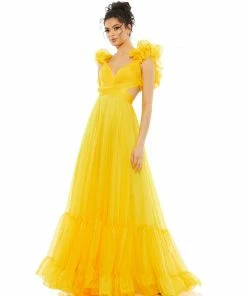 Ieena For Mac Duggal Ruffle Shoulder Lace Up Gown Shop For