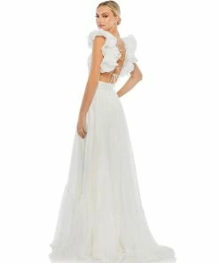 Ieena For Mac Duggal Ruffle Shoulder Lace Up Gown Shop For