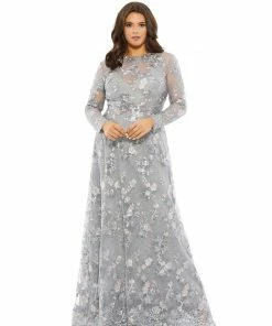 Mac Duggal Embellished Illusion Long Sleeve A Line Gown