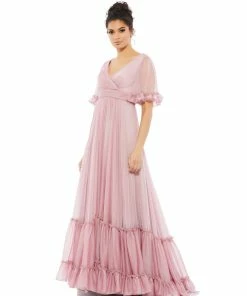 Mac Duggal Ruffled Butterfly Sleeve Evening Gown