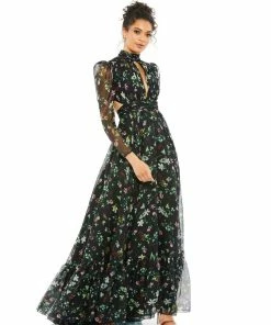 Mac Duggal Floral High Neck Puff Sleeve Gown Shop For