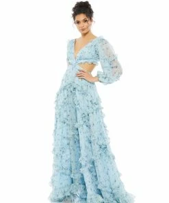 Ieena For Mac Duggal Shop For Ruffle Tiered Floral Cutout Long Sleeve Gown
