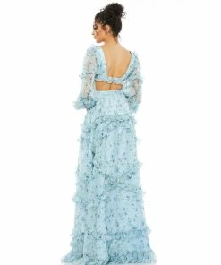 Ieena For Mac Duggal Shop For Ruffle Tiered Floral Cutout Long Sleeve Gown