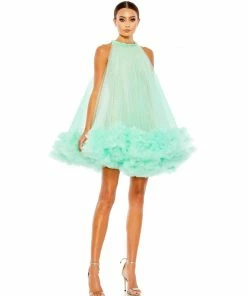 Mac Duggal High Neck Gathered Tulle A-Line Swing Dress
