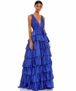 Mac Duggal Shop For Ruffle Tiered Pleated Sleeveless V Neck Gown