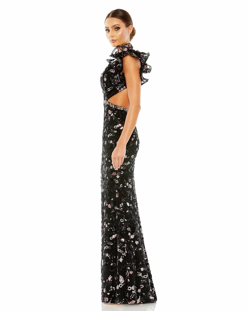 Mac Duggal Embellished Ruffled Shoulder Lace Up Gown 4 Mac Duggal Embellished Ruffled Shoulder Lace Up Gown