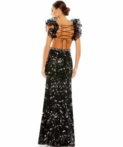 Mac Duggal Embellished Ruffled Shoulder Lace Up Gown