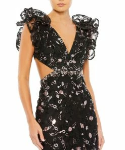 Mac Duggal Embellished Ruffled Shoulder Lace Up Gown 6 Mac Duggal Embellished Ruffled Shoulder Lace Up Gown
