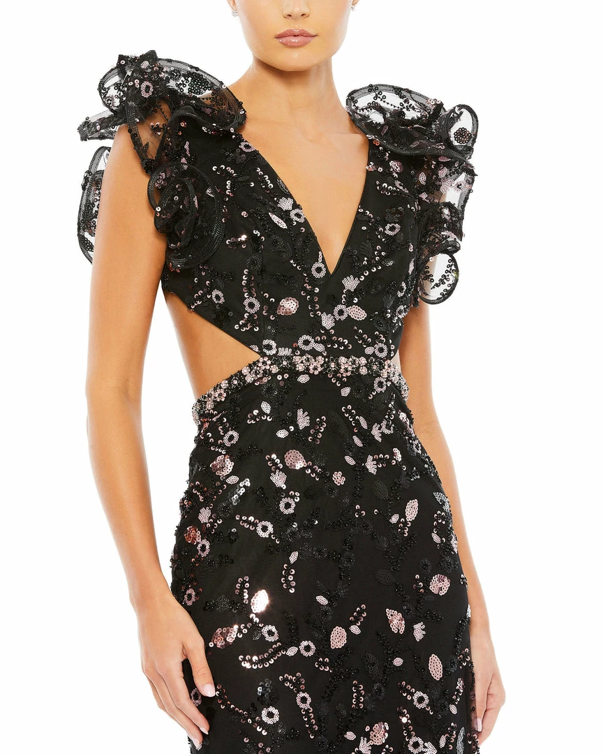 Mac Duggal Embellished Ruffled Shoulder Lace Up Gown 3 Mac Duggal Embellished Ruffled Shoulder Lace Up Gown