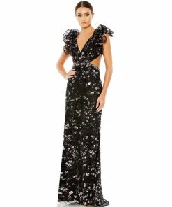 Mac Duggal Embellished Ruffled Shoulder Lace Up Gown