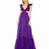 Mac Duggal Ruched Ruffled Shoulder Cut Out Lace Up Gown