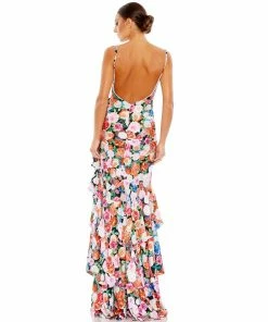 Mac Duggal New Arrivals Floral Print Asymmetrical Ruffle Hem Gown