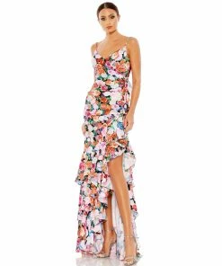Mac Duggal New Arrivals Floral Print Asymmetrical Ruffle Hem Gown