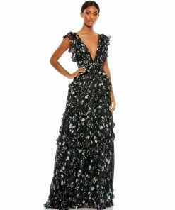 Ieena For Mac Duggal Ruffled Floral Print Cap Sleeve Gown Shop For