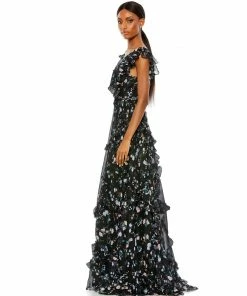 Ieena For Mac Duggal Ruffled Floral Print Cap Sleeve Gown Shop For