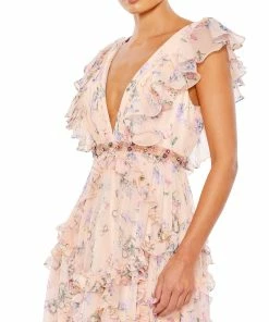 Ieena For Mac Duggal Ruffled Floral Print Cap Sleeve Gown Shop For
