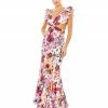 Mac Duggal Floral Print Ruffle Shoulder Cut Out Gown Shop For
