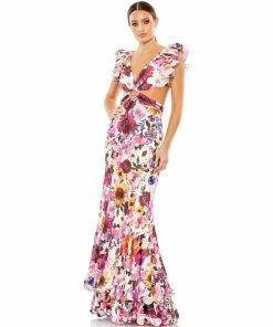 Mac Duggal Floral Print Ruffle Shoulder Cut Out Gown Shop For