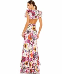 Mac Duggal Floral Print Ruffle Shoulder Cut Out Gown Shop For