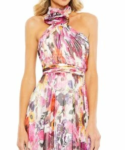 Mac Duggal Asymmetrical Ruffled Halter Floral Gown