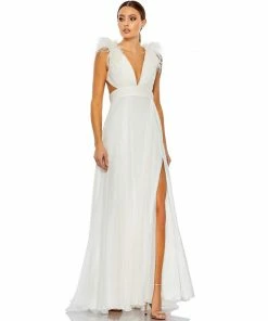 Ieena For Mac Duggal Plunge Ostrich Feather A Line Gown