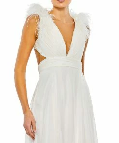 Ieena For Mac Duggal Plunge Ostrich Feather A Line Gown