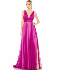 Ieena For Mac Duggal New Arrivals Draped Sleeveless V Neck Flowy Gown