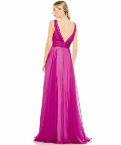 Ieena For Mac Duggal New Arrivals Draped Sleeveless V Neck Flowy Gown