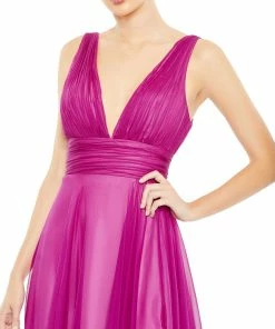 Ieena For Mac Duggal New Arrivals Draped Sleeveless V Neck Flowy Gown