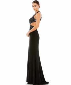 Mac Duggal Floral Sequined Criss Cross Bodice Gown