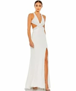 Mac Duggal Floral Sequined Criss Cross Bodice Gown