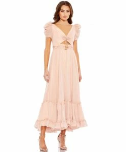 Mac Duggal Ruffle Tiered Metallic Ruched Shoulder Dress