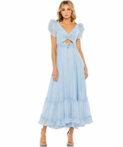 Mac Duggal Ruffle Tiered Metallic Ruched Shoulder Dress