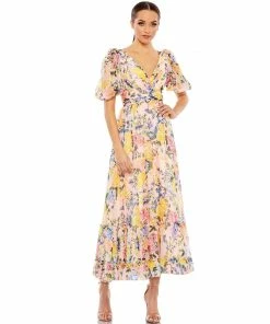 Mac Duggal Floral Print Chiffon Puff Sleeve Tiered Hem Dress