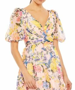 Mac Duggal Floral Print Chiffon Puff Sleeve Tiered Hem Dress