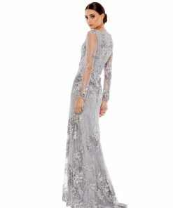Mac Duggal Embellished V Neck Illusion Long Sleeve Gown