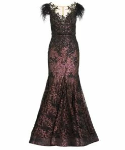 Mac Duggal Embellished Feather Cap Sleeve Illusion Neck Trumpet Gown