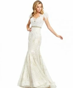 Mac Duggal Embellished Feather Cap Sleeve Illusion Neck Trumpet Gown