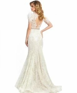 Mac Duggal Embellished Feather Cap Sleeve Illusion Neck Trumpet Gown