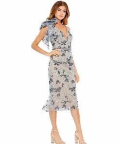 Mac Duggal Shop For Floral Embellished Beaded V-Neck Midi Dress