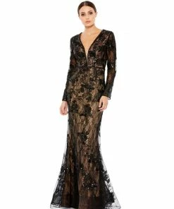 Mac Duggal Embellished Long Sleeve Plunge Neck Trumpet Gown Shop For