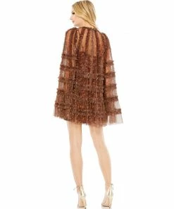 Mac Duggal Floral Print Long Flare Sleeve Mesh A-Line Dress