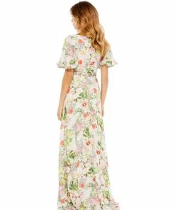Mac Duggal Floral V-Neck Pleated Maxi Dress