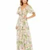 Mac Duggal Floral V-Neck Pleated Maxi Dress