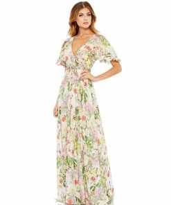 Mac Duggal Floral V-Neck Pleated Maxi Dress