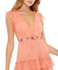 Mac Duggal Floral Ruffle Layered Flutter Sleeve Dress