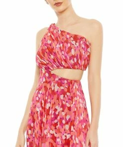 Ieena For Mac Duggal Printed One Shoulder Cut Out Hi-Lo Gown